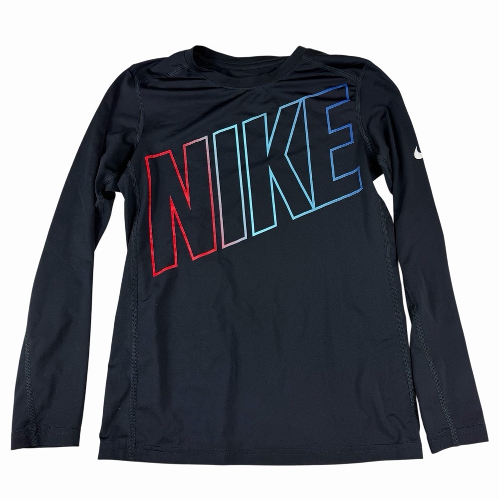 Nike Kids Dri-fit Long Sleeve Black Logo Shirt Size Large 12–14 Silky Sleek